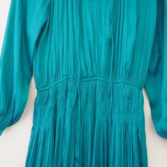 * Anthropologie Current Air Teal Satin Samantha Smocked Long Sleeve Mini Dress - Picture 7 of 11